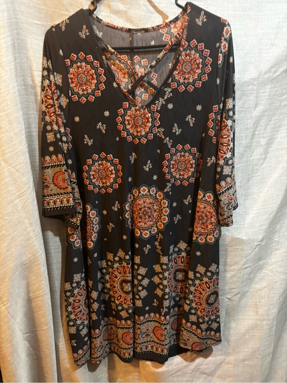 Boho Medallion Crisscross V-Neck Tunic Dress - Black with Rust & Cream